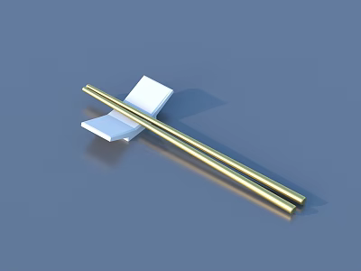 Tableware Set With Golden Chopsticks And White Rest On Blue Background With Reflection 3d model
