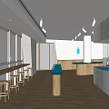 Modern Milk Tea Shop Interior With Wooden Bar Blue Countertop And Stainless Steel Equipment