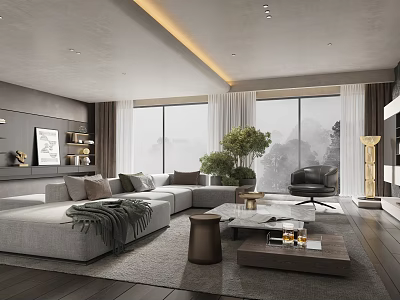 Modern Living Room Interior With Grey L shaped Sofa Green Plants And Large Windows 3d model