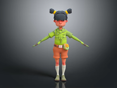 Playful 3D Cartoon Character With Bun Hairstyle Green Shirt Orange Shorts And Chest Badge 3d model
