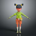 Playful 3D Cartoon Character With Bun Hairstyle Green Shirt Orange Shorts And Chest Badge