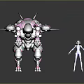 Futuristic Female Character In Blue And Purple Outfit With Pink And Black Mech Robot