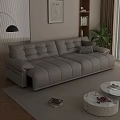 Beige Leather Sofa And White Round Coffee Table Set With Cushions For Contemporary Living Room