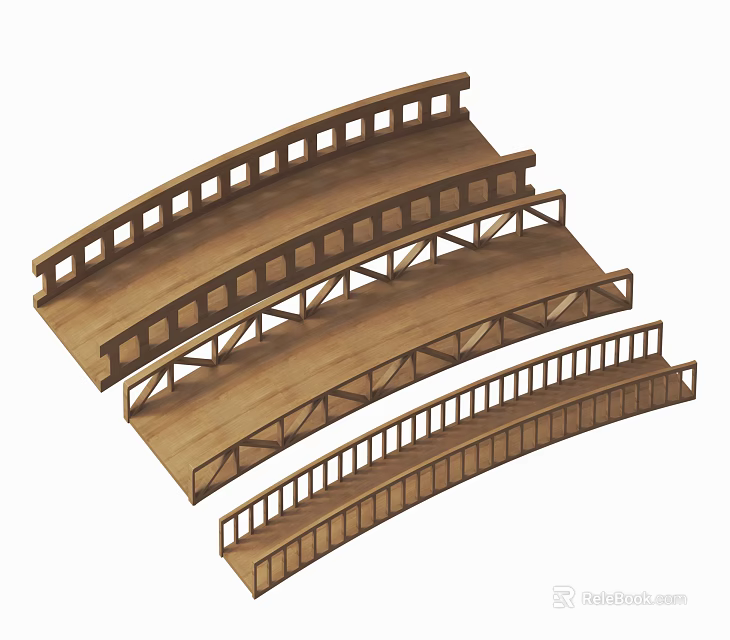 Three Wooden Arch Bridge Models Featuring Railings And Curved Design Structure 3d model