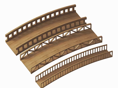 Three Wooden Arch Bridge Models Featuring Railings And Curved Design Structure 3d model