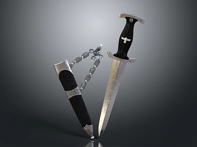 Black Handle Dagger Featuring Shiny Silver Blade And Chain Sheath 3d model