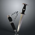 Black Handle Dagger Featuring Shiny Silver Blade And Chain Sheath