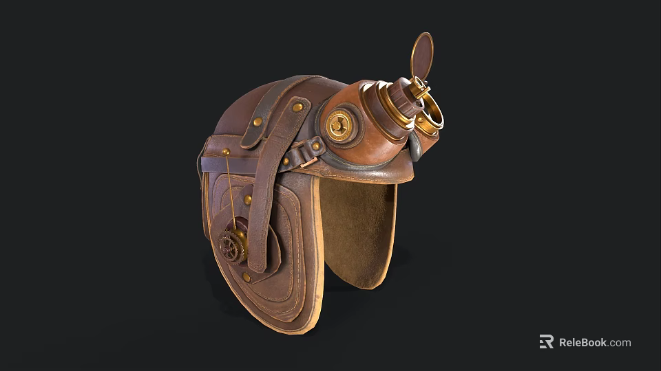 Steampunk Vintage Leather Hat Featuring Metal Goggles Straps And Brass Accents 3d model 