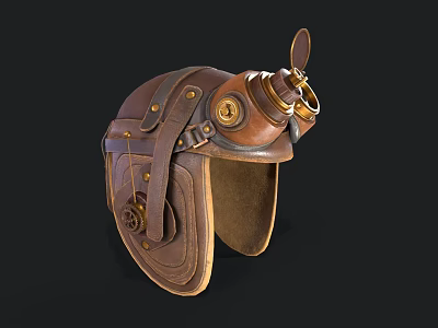 Steampunk Vintage Leather Hat Featuring Metal Goggles Straps And Brass Accents 3d model