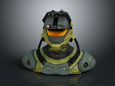 Futuristic Armored Weapon Helmet 3D Model Featuring Sci Fi Tactical Design and Green Gray Color 3d model