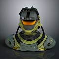 Futuristic Armored Weapon Helmet 3D Model Featuring Sci Fi Tactical Design and Green Gray Color