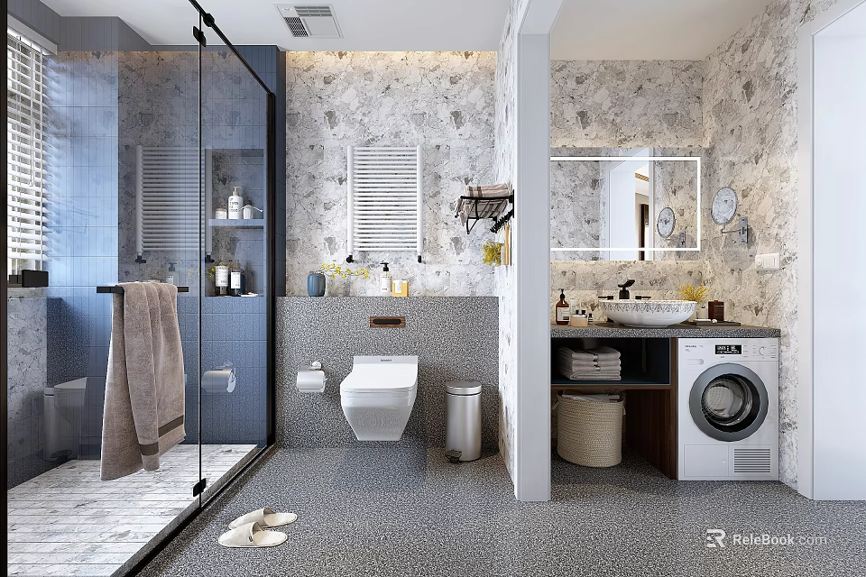 Modern Bathroom With Marble Wall Glass Shower Enclosure Wall Mounted Toilet And Washing Machine 3d model 
