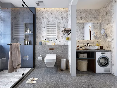 Modern Bathroom With Marble Wall Glass Shower Enclosure Wall Mounted Toilet And Washing Machine 3d model