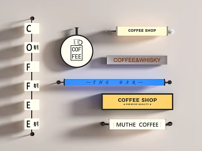 Various Coffee Shop Signage Including Letter Signs Circular Logos And Wooden Styles 3d model