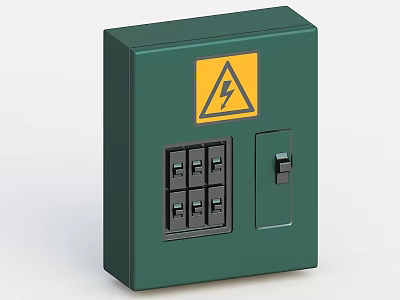 Industrial Green Electrical Distribution Box With Yellow Warning Sign And Switches 3d model