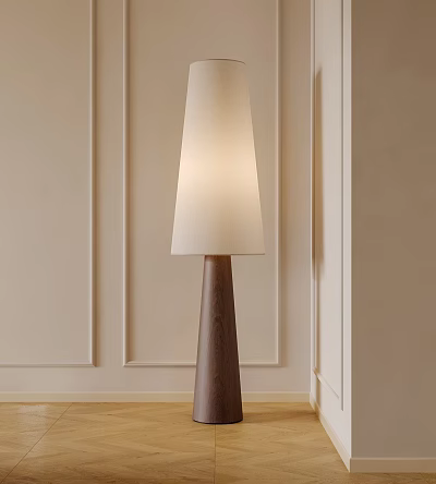 Minimalist Modern Floor Lamp With Tapered Wooden Base And White Fabric Shade For Living Room Decor 3d model
