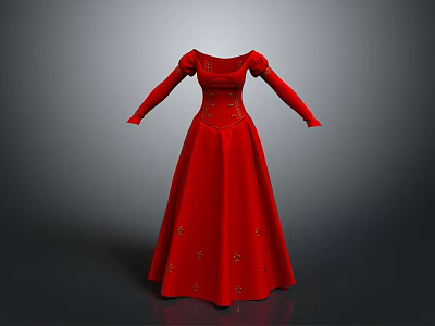 Elegant Red Long Dress With Long Sleeves Round Neckline And Waist Embellishments 3d model