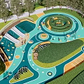 Outdoor Children's Play Area With Slides Green Floor Trees And Flowers For Kids
