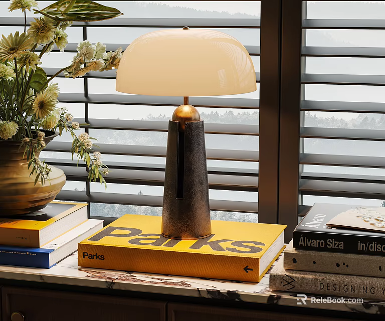 Modern Table Lamp with White Shade on Yellow Parks Book Beside Flower Vase and Blinds 3d model 