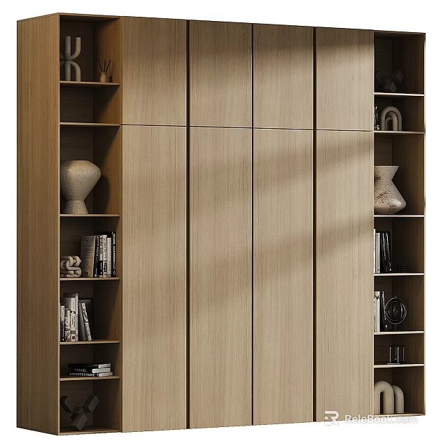 Modern Wooden Bookcase With Open Side Shelves Closed Center Cabinet Doors And Decorative Items 3d model 