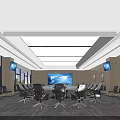 Modern Conference Room With Large Table Black Chairs Skylight Ceiling TV Screens Windows And Paintings