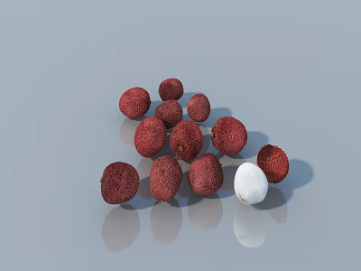 Red Lychee Fruits With White Pulp On Gray Reflective Surface 3d model