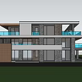 Modern Two Story Detached Villa With Large Windows Balcony Green Lawn Driveway