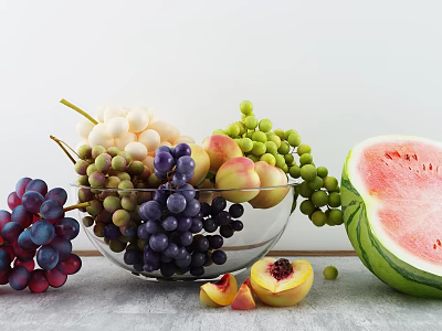 Fresh Assorted Fruits Including Grapes Peaches And Watermelon In Bowl On Table 3d model