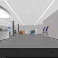Modern Lobby Interior With Blue Wall Digital Screen White Reception Desk And Pillars