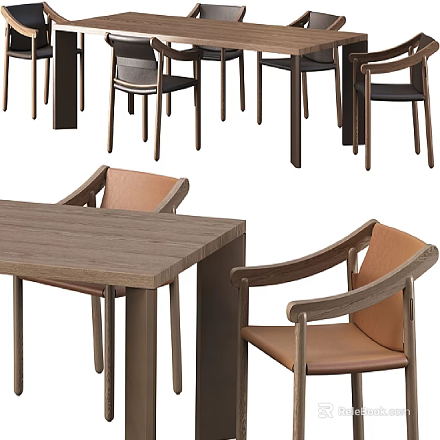 Modern Wooden Dining Table And Chairs Set With Ergonomic Armrests And Brown Upholstered Seats 3d model 