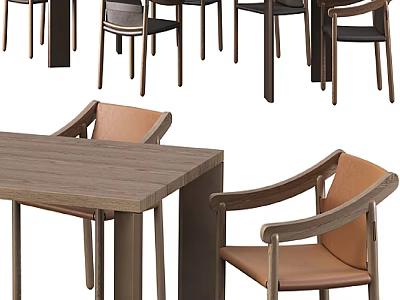 Modern Wooden Dining Table And Chairs Set With Ergonomic Armrests And Brown Upholstered Seats 3d model