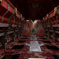 Abandoned Industrial Interior Scene With Red Peeling Walls Sunken Areas And Metal Structures