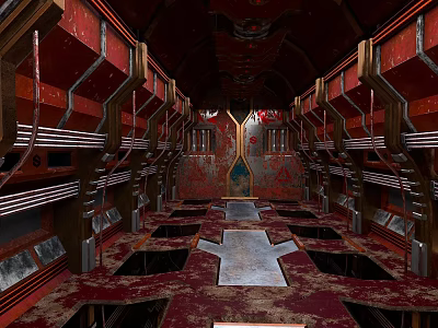 Abandoned Industrial Interior Scene With Red Peeling Walls Sunken Areas And Metal Structures 3d model