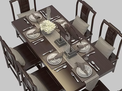 Chinese Style Wooden Dining Table Set With Chairs Tableware And Decorative Bouquet 3d model