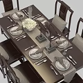 Chinese Style Wooden Dining Table Set With Chairs Tableware And Decorative Bouquet