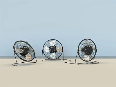 Three Tabletop Air Conditioner Fans With Black Silver Design And Metal Stands 3d model