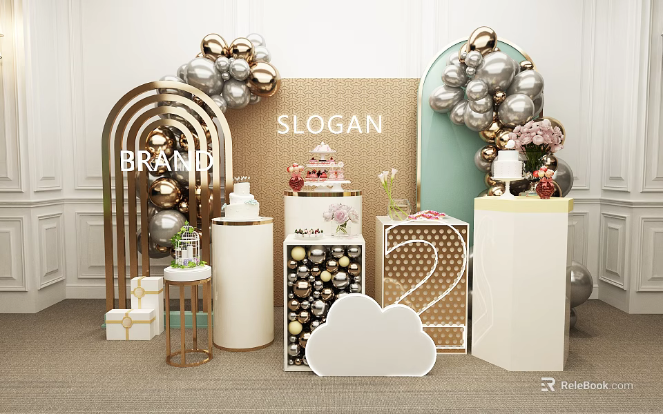 Beautiful Cake Display With Silver Gold Balloons Gift Boxes And Brand Elements 3d model 