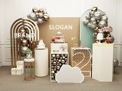 Beautiful Cake Display With Silver Gold Balloons Gift Boxes And Brand Elements 3d model