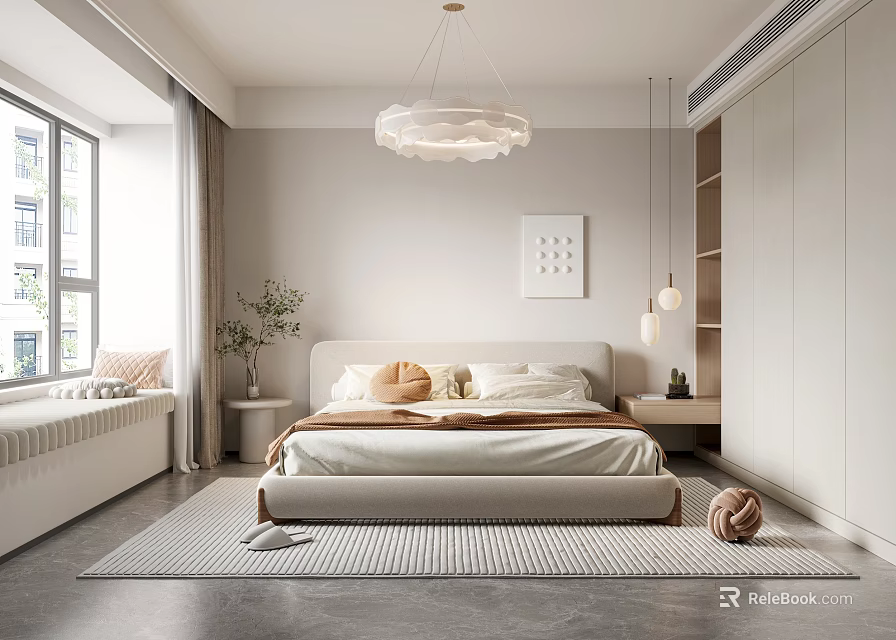 Modern Minimalist Bedroom Interior Design With Bed Pendant Light Artwork And Wardrobe 3d model 