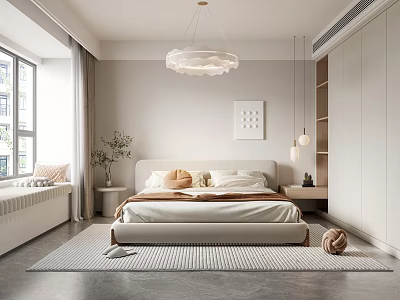 Modern Minimalist Bedroom Interior Design With Bed Pendant Light Artwork And Wardrobe 3d model