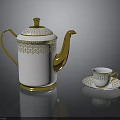 Elegant White Teapot With Gold Intricate Patterns And Matching Teacup Saucer Set