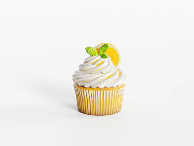 Delicious Lemon Cupcake With White Frosting Lemon Slice And Mint Leaves In Yellow Paper Cup 3d model