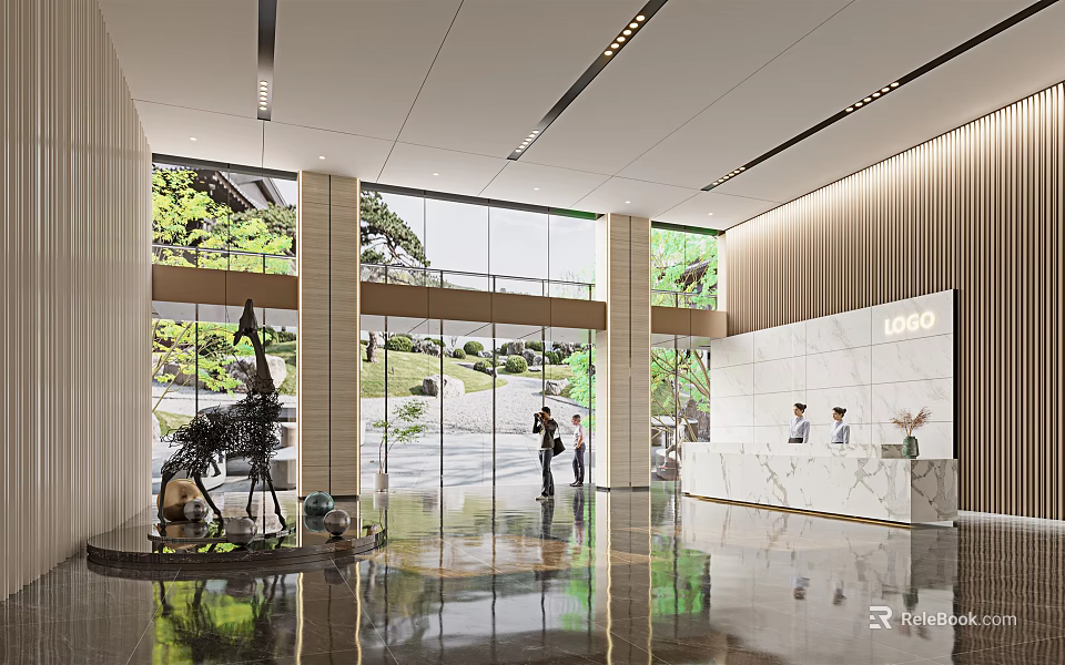 Elegant Modern Reception Area With Front Desk Large Windows Greenery View And Marble Counter 3d model 