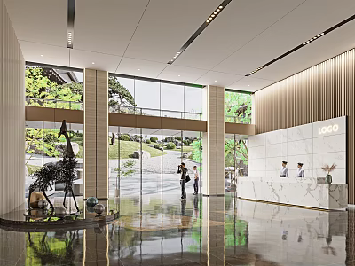 Elegant Modern Reception Area With Front Desk Large Windows Greenery View And Marble Counter 3d model