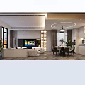 Modern Living and Dining Room Interior Design With TV Wall Sofa Dining Table And Chandelier