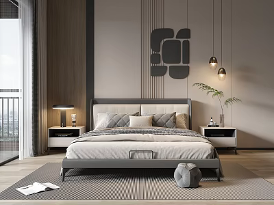 Modern Bedroom Interior With Gray Headboard Nightstands Pendant Lights Wall Decor And Rug 3d model