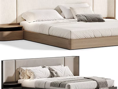 Modern Bedroom Bed With Upholstered Headboard Wooden Frame And Soft Pillows Bedding 3d model