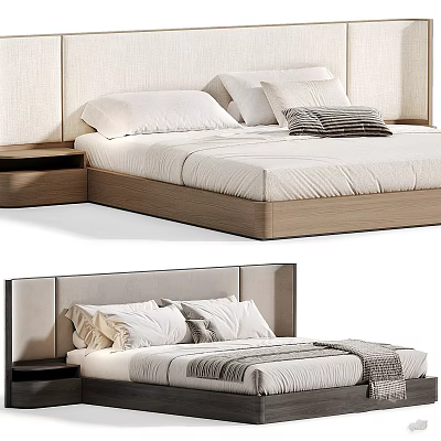 Modern Bedroom Bed With Upholstered Headboard Wooden Frame And Soft Pillows Bedding 3d model