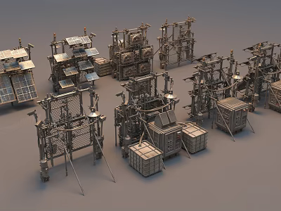 Various Metal Structured Industrial Equipment With Mechanical Frames And Storage Crates 3d model