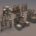Various Metal Structured Industrial Equipment With Mechanical Frames And Storage Crates 3d model
